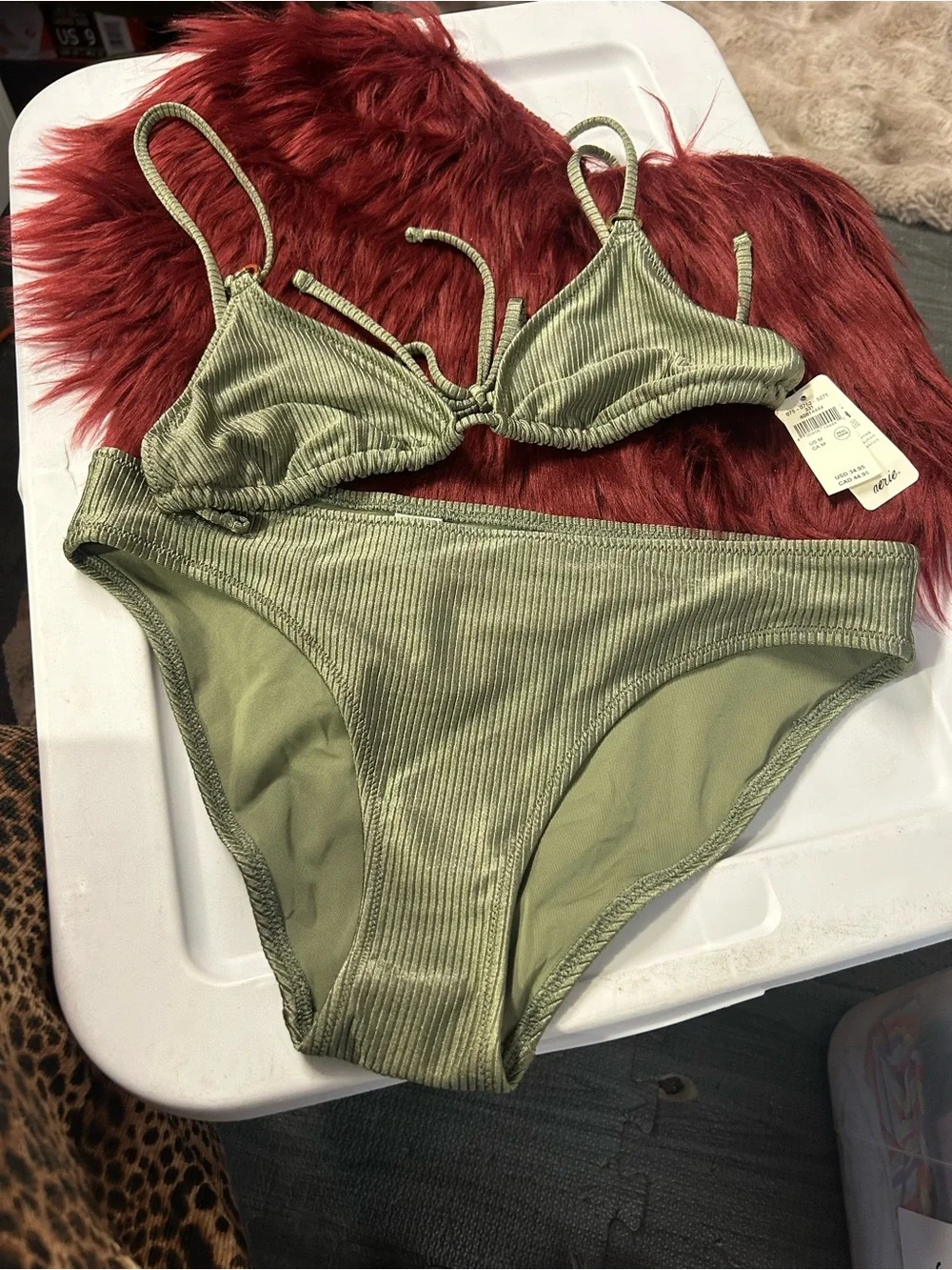 NWT Aerie Shine Ribbed Olive Ribbed Triangle String Bikini Set